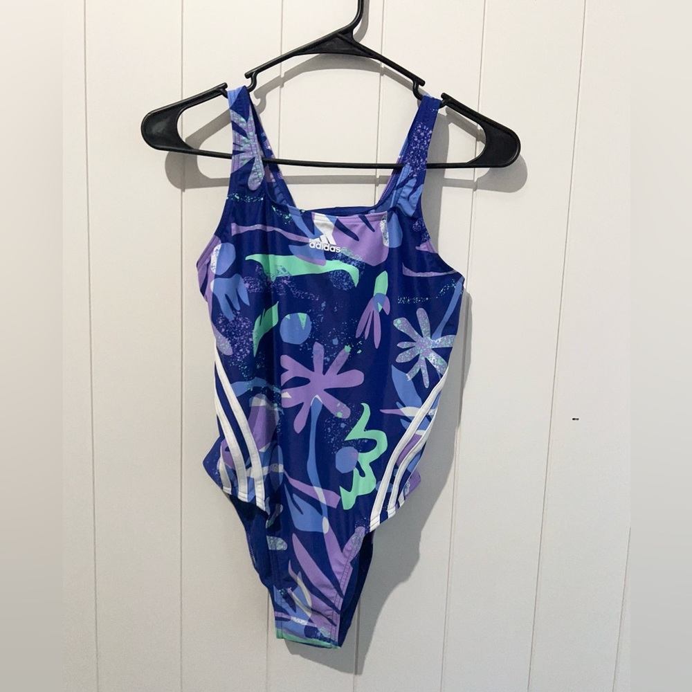 Adidas NWT One Piece Swimsuit Floral US size 10 Purple blue white teal